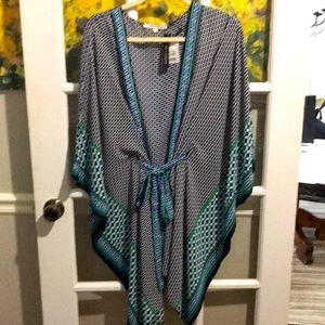Navy, white, green, and royal blue kimono wrap or beach coverup.